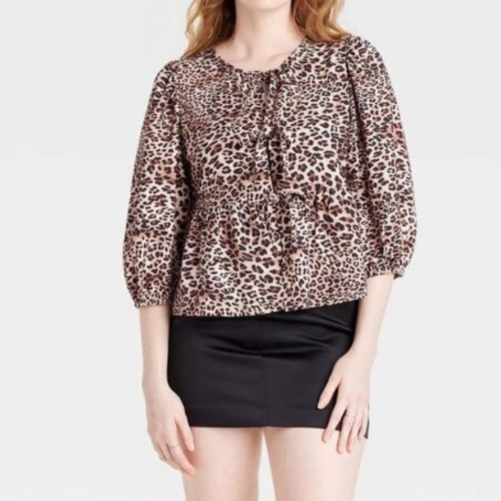 A New Day 3/4 Sleeve Tie Front Blouse Size XXL Leopard Print